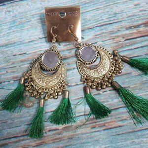 Green Boho Gold & Tassel Drop Earrings